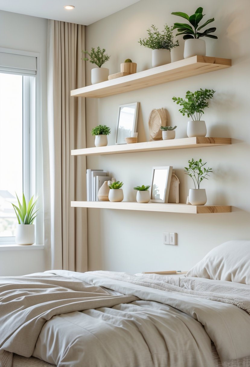 A bedroom with floating wooden shelves on the wall holding plants, books, and decorative items above a neatly made bed.