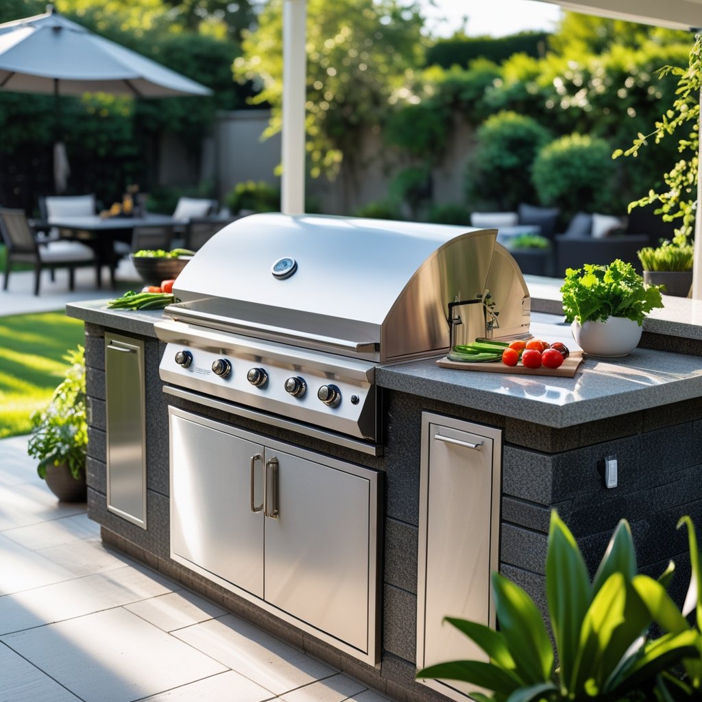 Outdoor kitchen with a built-in stainless steel grill and side burners surrounded by greenery.