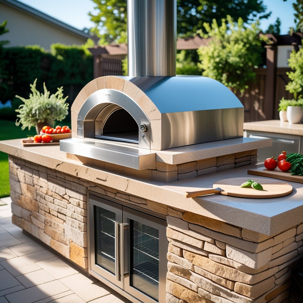 Outdoor kitchen with a built-in pizza oven integrated into a stone countertop surrounded by greenery.