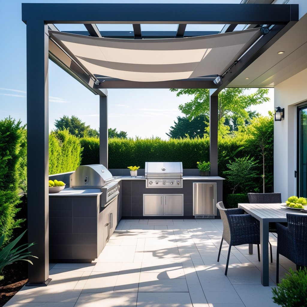 Outdoor kitchen under a pergola with a partially extended retractable canopy surrounded by greenery and outdoor furniture.