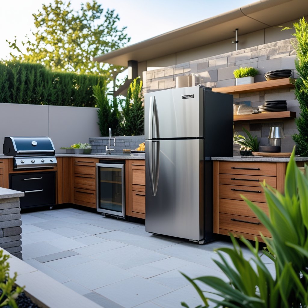 Outdoor kitchen with stainless steel refrigerator and freezer compartment surrounded by stone countertops and greenery.