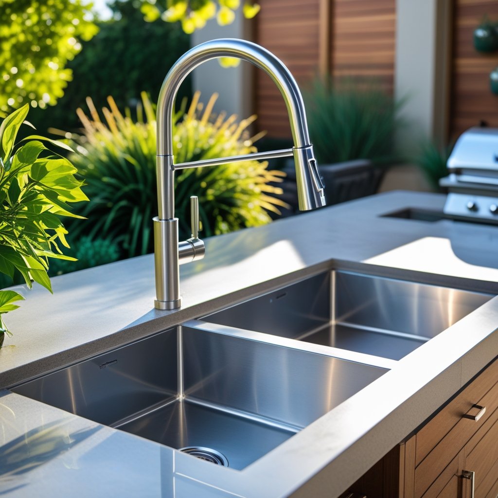Outdoor kitchen with a double sink and high-arc faucet surrounded by greenery and cooking appliances.