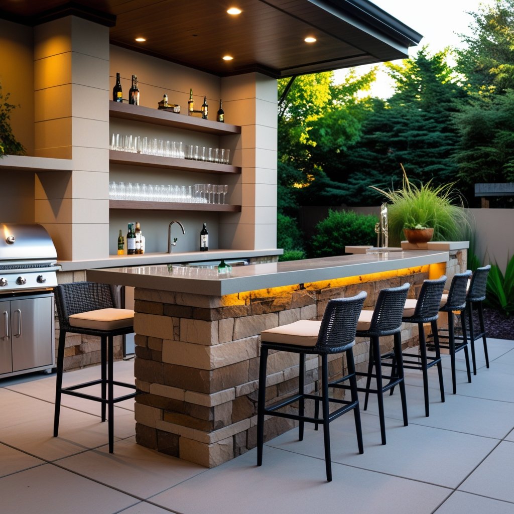 An outdoor bar with stools and an outdoor kitchen area in a backyard patio surrounded by greenery.