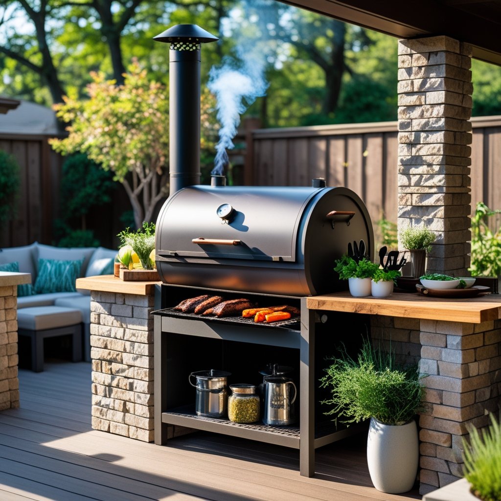 Outdoor kitchen with a wood-fired smoker station, wooden countertop, stone and brick elements, and surrounding greenery.