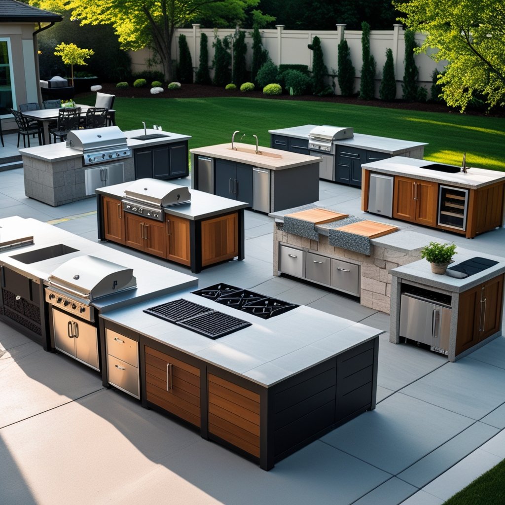 Several modular outdoor kitchen islands set up in a backyard with grills, countertops, and seating surrounded by greenery.