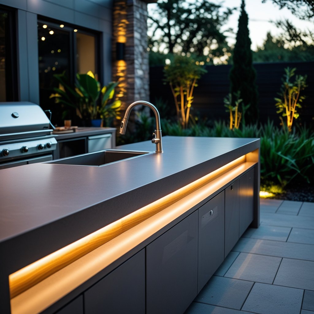 An outdoor kitchen with LED strip lighting under the countertop, stainless steel appliances, and surrounding plants at dusk.