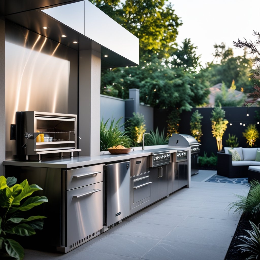 Outdoor kitchen with built-in ice maker, grill, and seating area surrounded by plants.