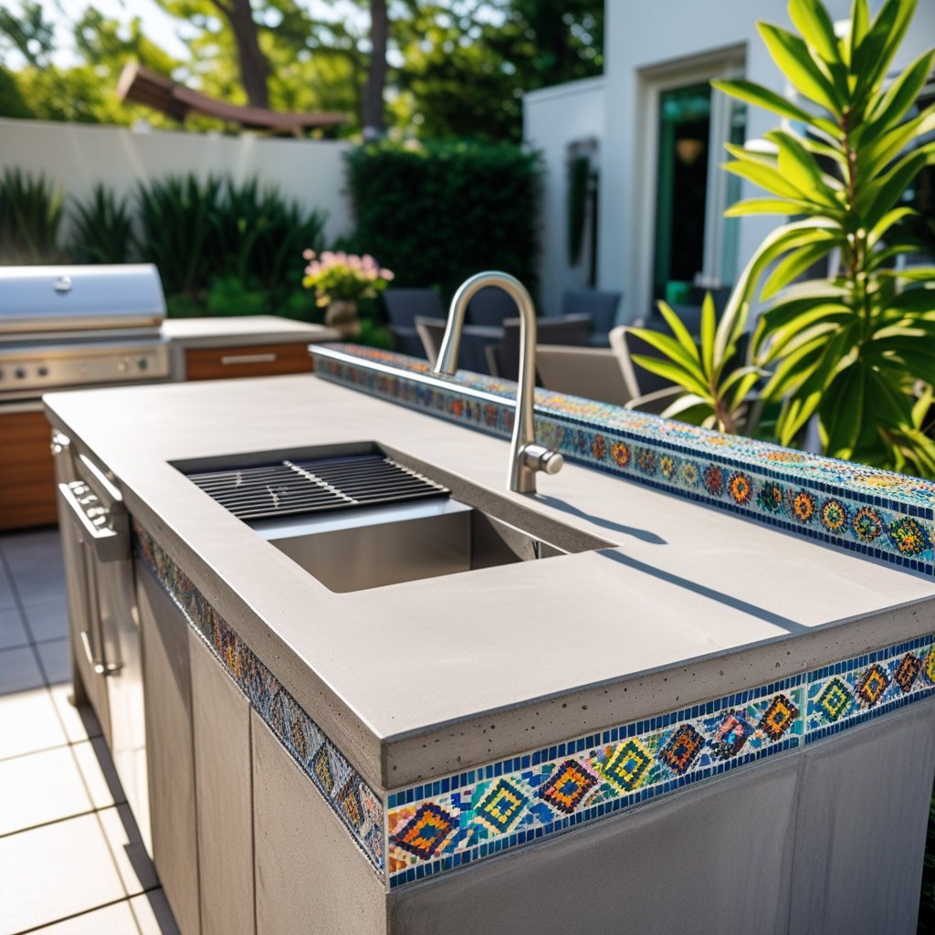 Outdoor kitchen with concrete countertops featuring colorful mosaic tile accents, stainless steel grill, and sink in a sunny backyard setting.
