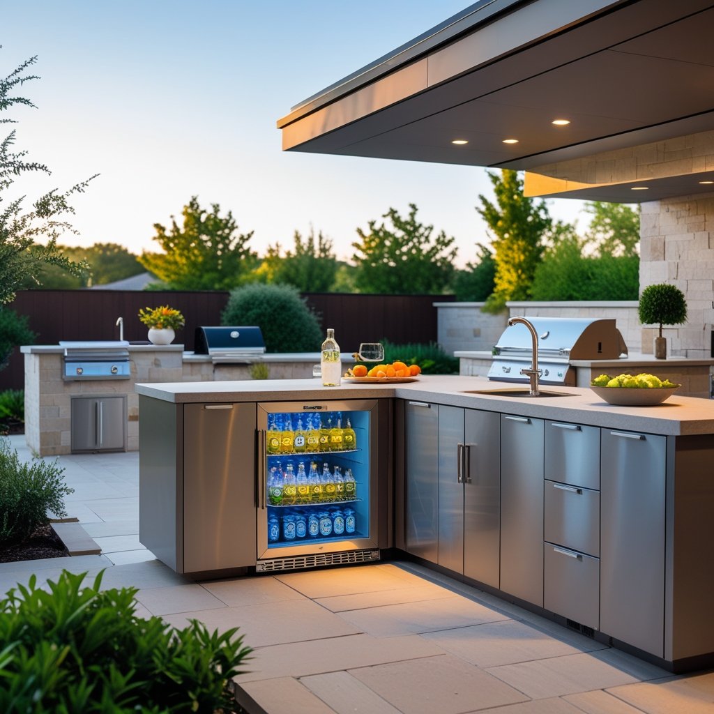 Outdoor kitchen with built-in beverage cooler, grill, and seating area surrounded by greenery.