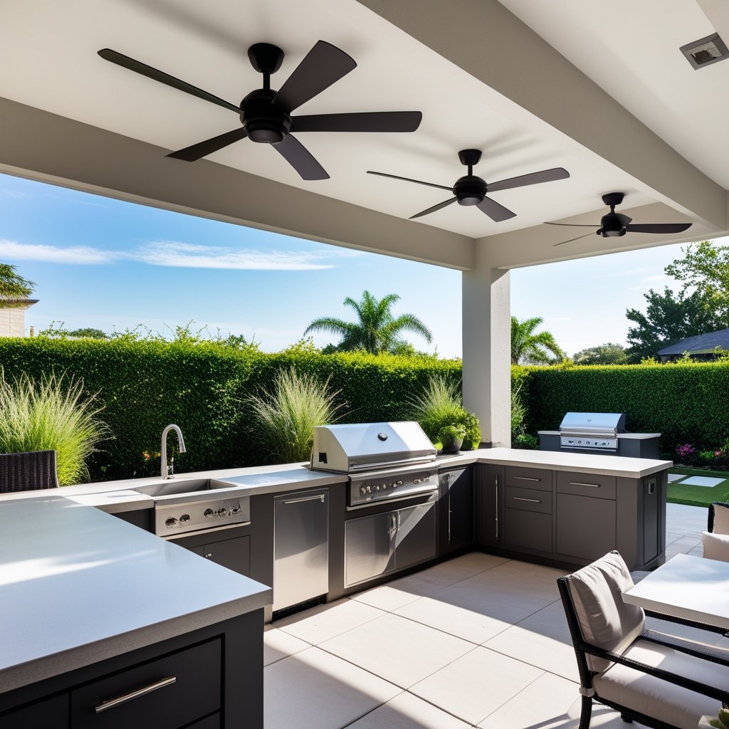 Outdoor kitchen with ceiling fans installed on the ceiling, surrounded by greenery and seating.