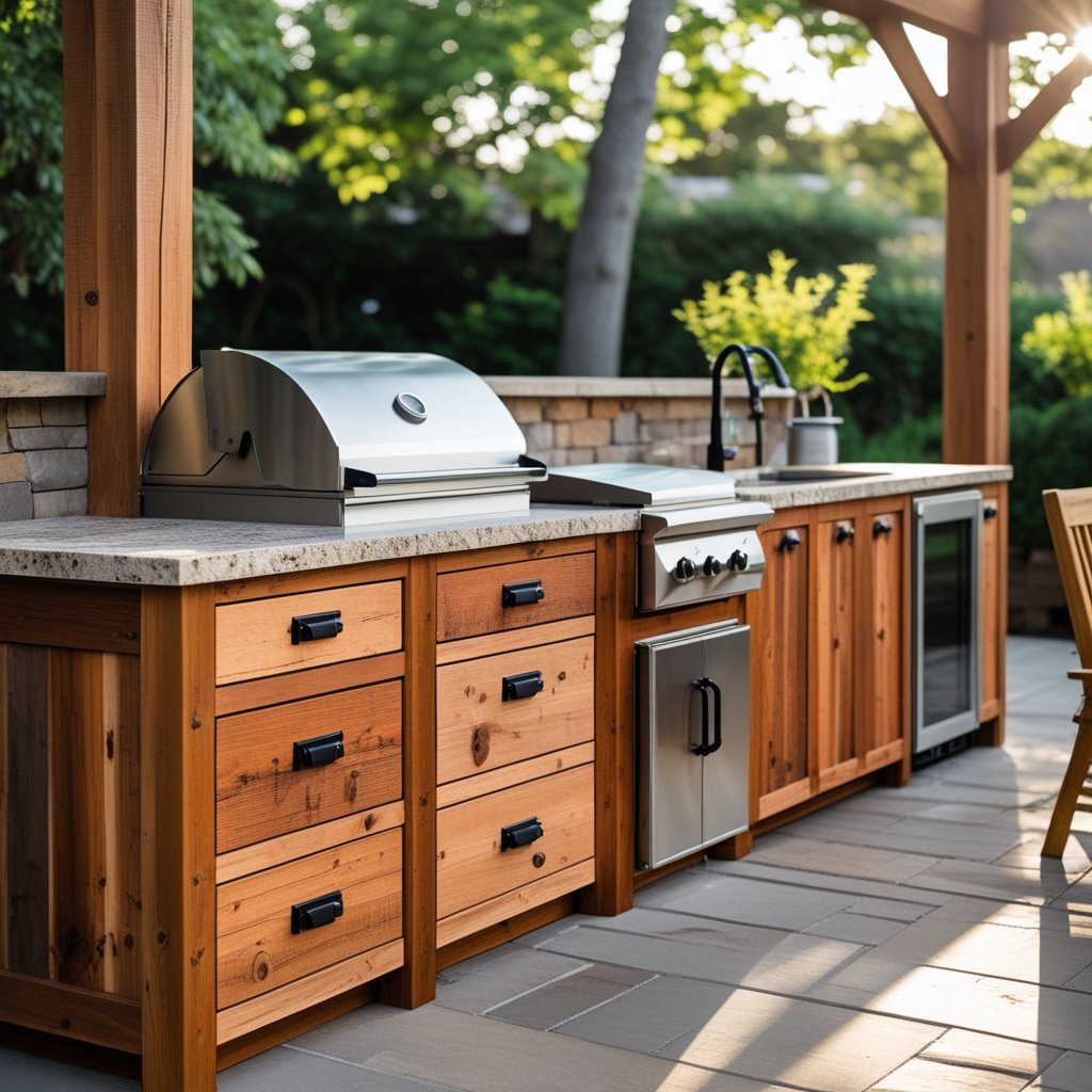 Outdoor kitchen with rustic cedar wood cabinets, grill, sink, and seating area in a backyard setting.