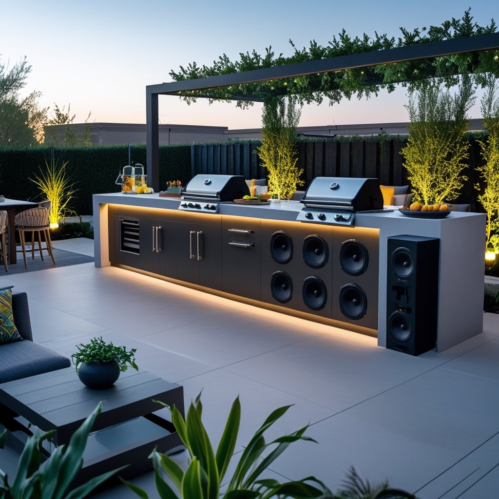 Outdoor kitchen with built-in grill, bar seating, and integrated sound system surrounded by patio furniture and plants, set up for a social gathering.