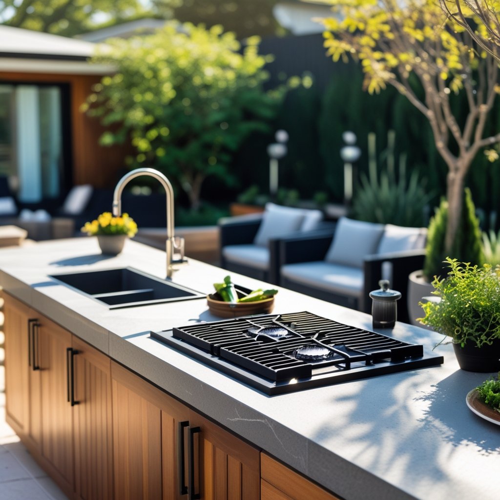 Outdoor kitchen with a gas-powered burner, stone countertop, grill, and plants in a sunny backyard.