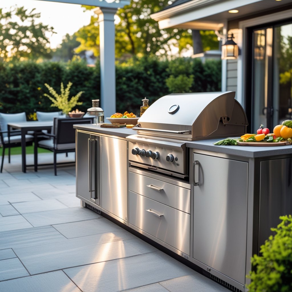 Outdoor kitchen with built-in warming drawers, stainless steel grill, and countertop in a backyard patio surrounded by plants and outdoor furniture.
