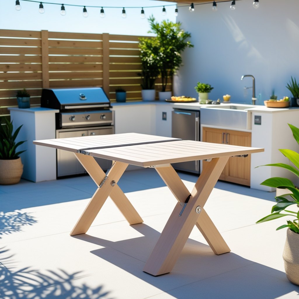 Foldable dining table set up in an outdoor kitchen area with a grill, countertop, and plants under natural sunlight.