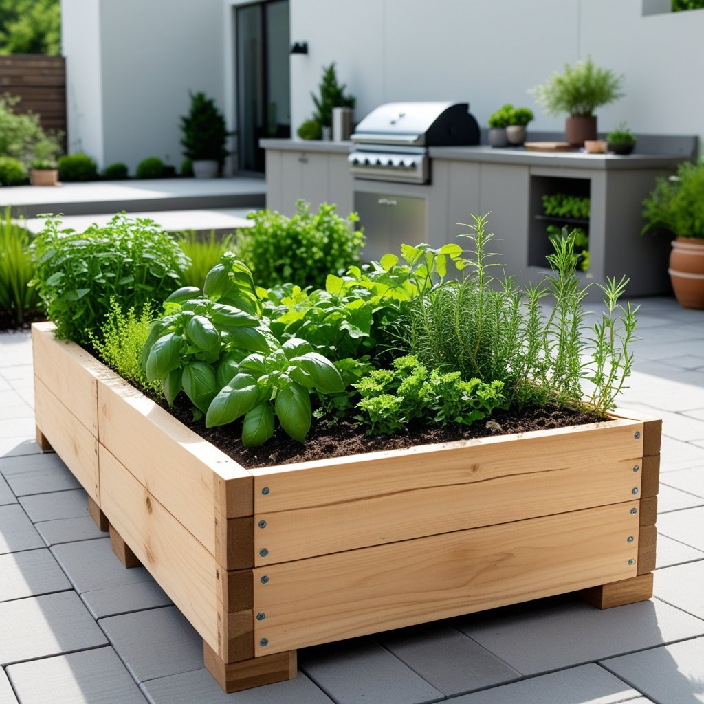 Raised wooden garden bed filled with fresh green herbs next to an outdoor kitchen area on a sunny patio.