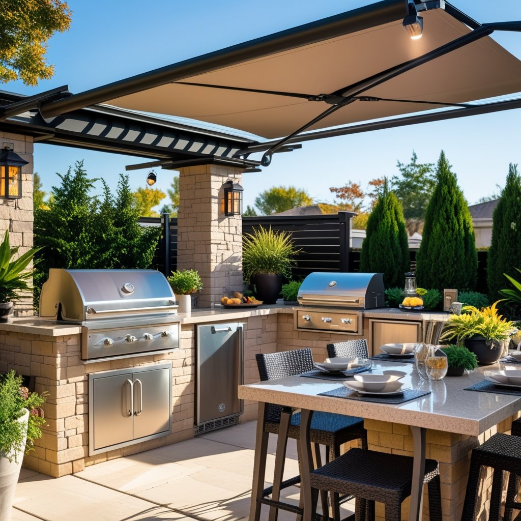 An outdoor kitchen with stainless steel appliances, stone counters, seating, and greenery under a covered pergola.