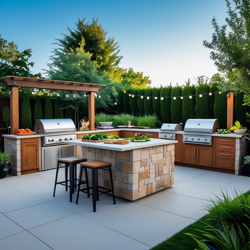 A modern outdoor kitchen in a backyard with a stone island, grill, sink, seating, and surrounding plants.