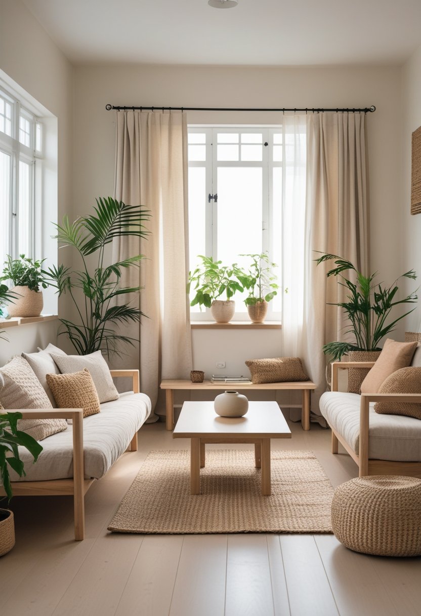A cozy living room with a sofa, wooden coffee table, potted plants, and soft natural light coming through large windows.
