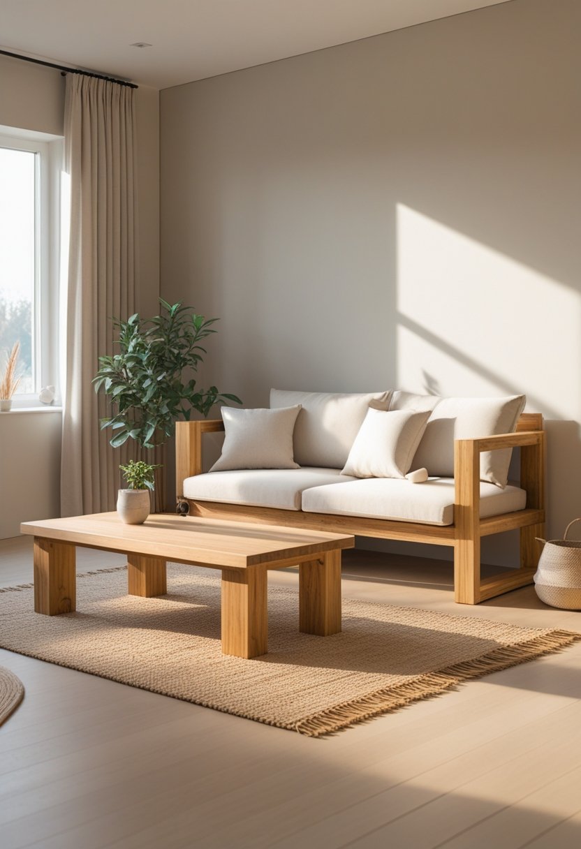 A cozy living room with low wooden furniture, soft cushions, a coffee table, and natural light coming through large windows.
