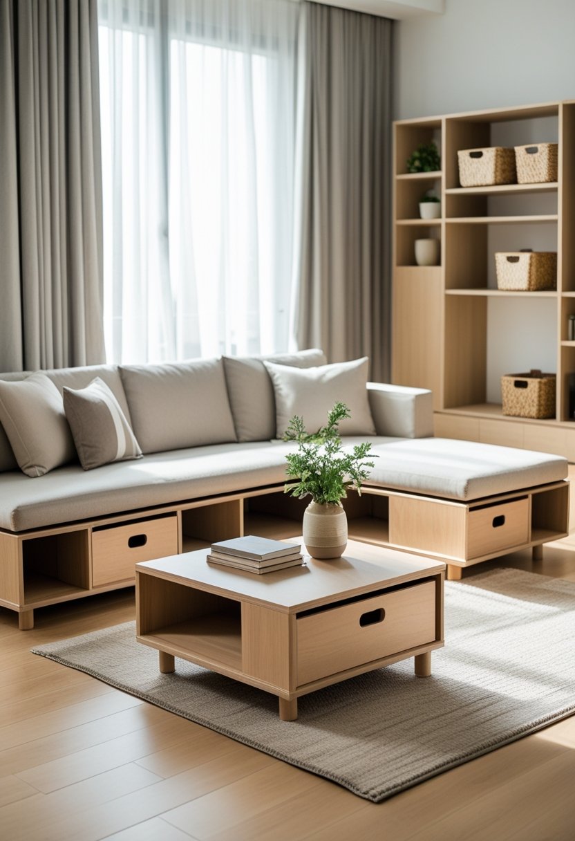 A cozy living room with compact wooden furniture featuring built-in storage, soft cushions, a coffee table with drawers, and natural light coming through large windows.