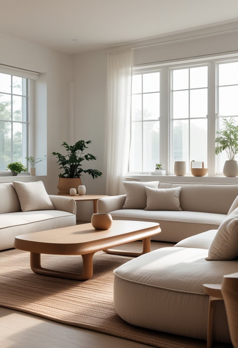 A bright living room with a wooden coffee table, a sofa with rounded cushions, potted plants, and soft natural light.