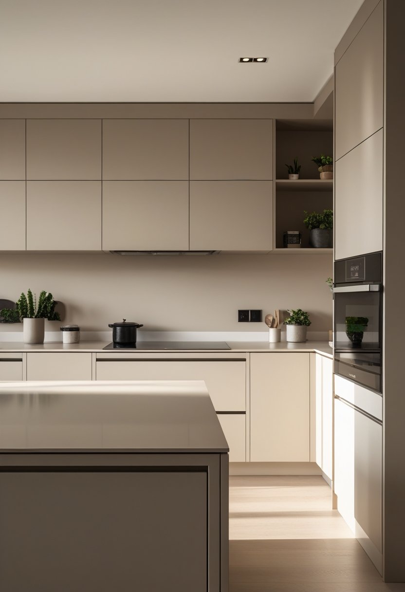 A modern kitchen with matte finish cabinets, a central island, and integrated appliances in a clean and organized space.