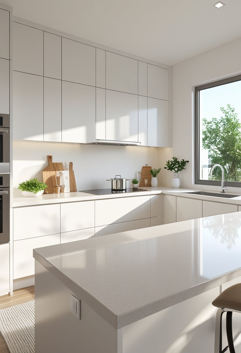 A modern kitchen with quartz countertops, cabinets, and stainless steel appliances illuminated by natural light.
