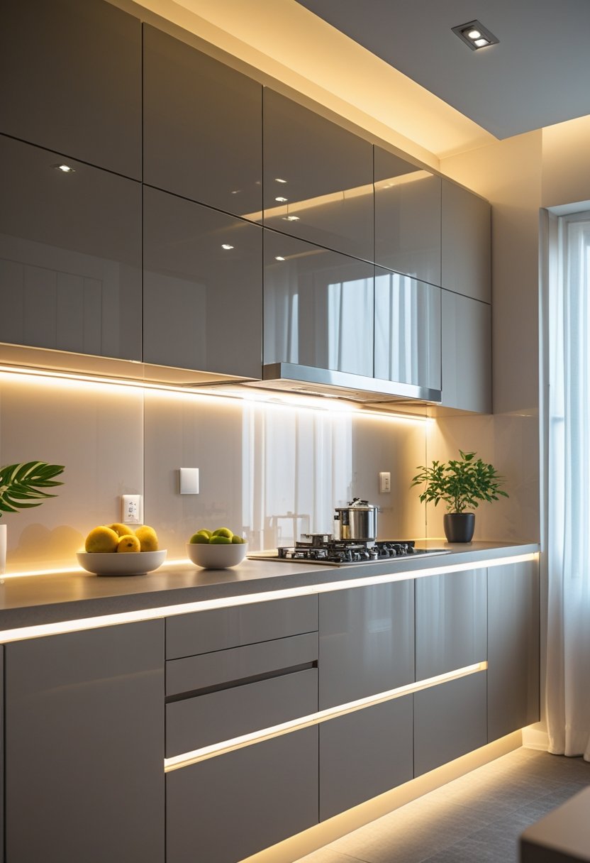 A modern kitchen with under-cabinet LED lighting illuminating the countertop and cabinets.