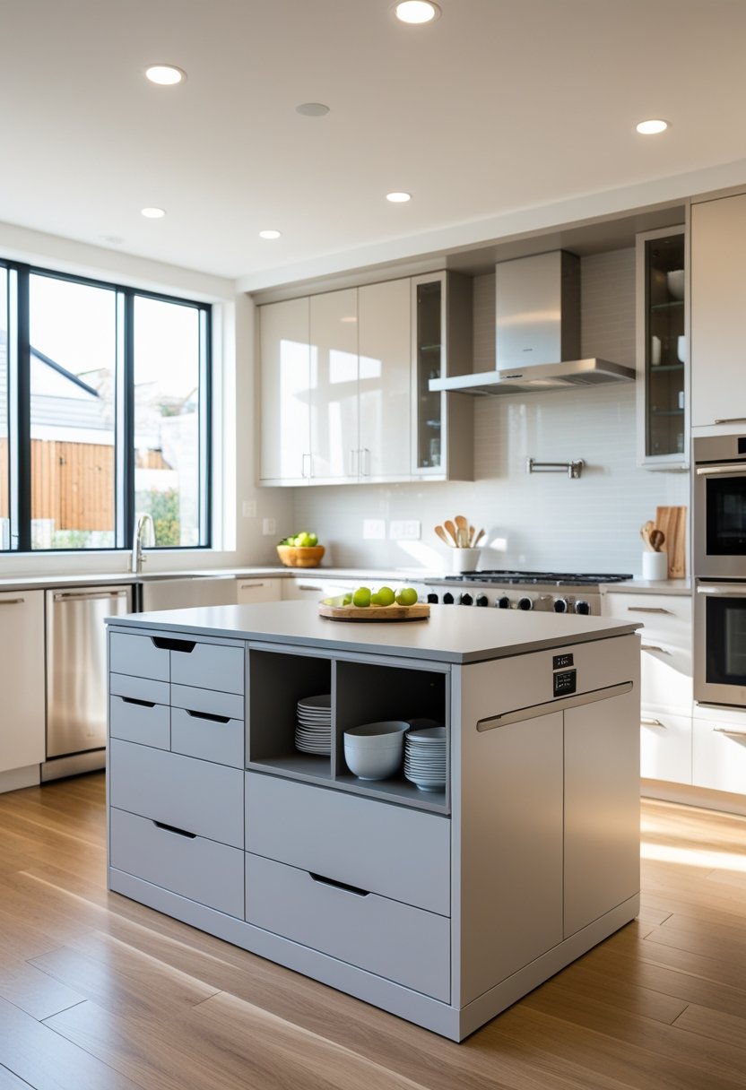 A modern kitchen with a modular island that has built-in storage, surrounded by cabinets and appliances in a bright, well-lit space.