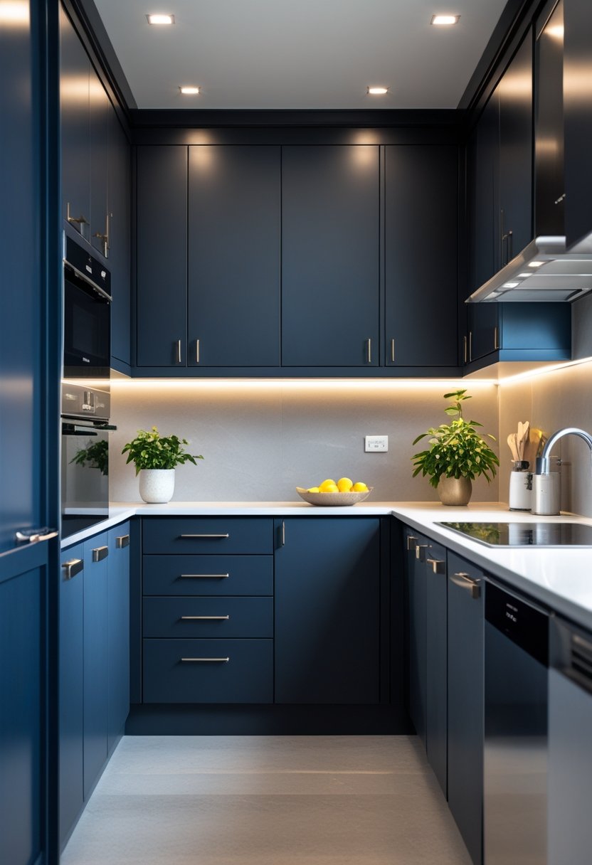 A modern kitchen with deep navy and charcoal cabinets, a clean countertop with fruit and a plant, and stainless steel appliances.