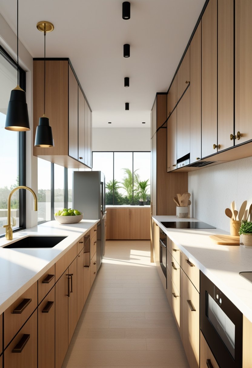 A bright and spacious modern kitchen with wood and neutral cabinets featuring brass and matte black hardware, an island with seating, and large windows letting in natural light.