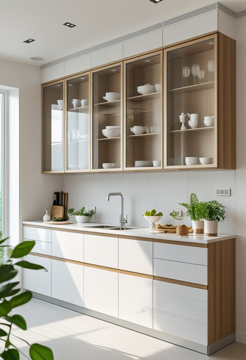 A modern kitchen with glass-front cabinets displaying dishware and a clean, bright interior.