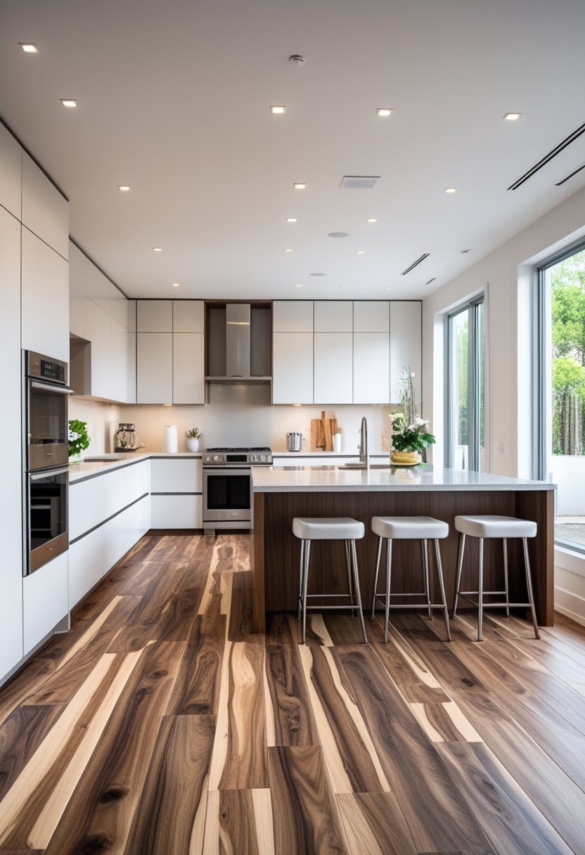 A modern kitchen with engineered wood flooring, sleek cabinets, a kitchen island, and large windows letting in natural light.