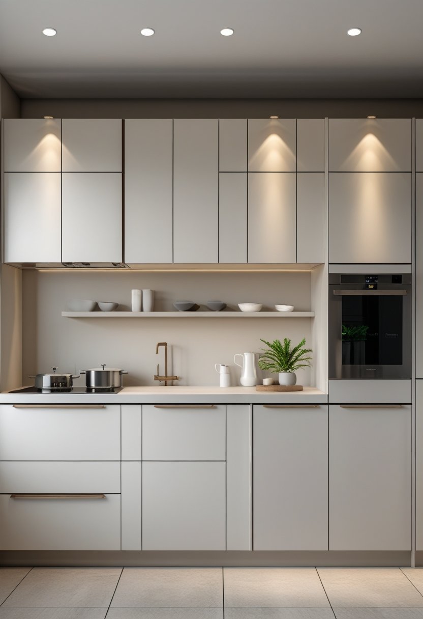 A modern kitchen with sleek cabinets, minimalist handles, and clean countertops.