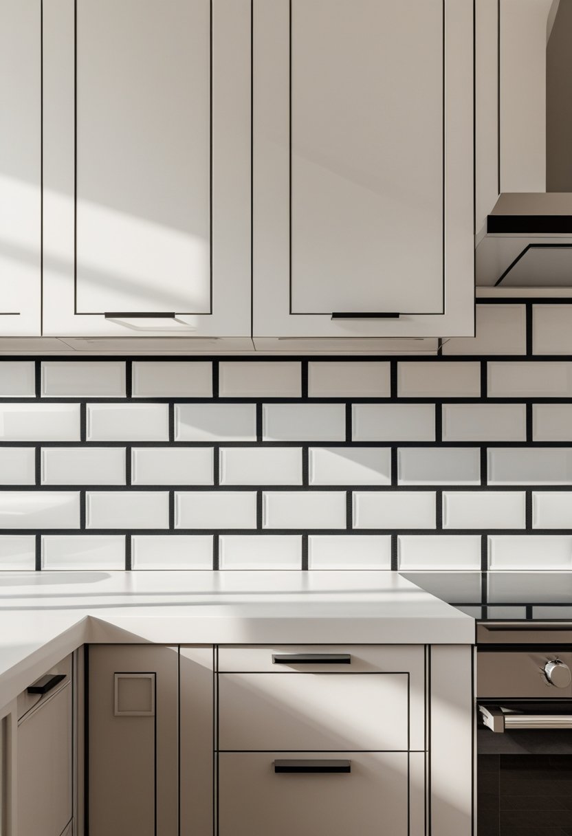 A modern kitchen with white subway tile backsplash and dark grout, sleek cabinets, and a clean countertop.