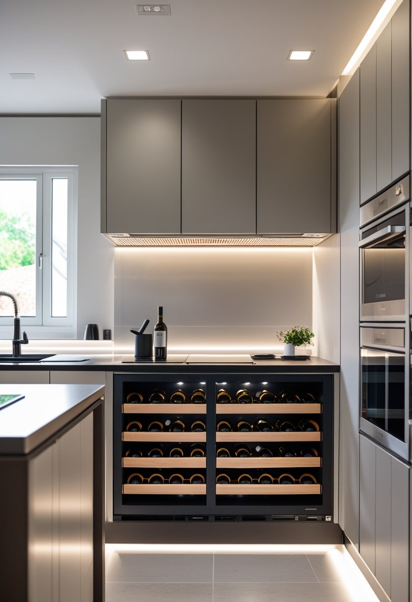 A modern kitchen with a built-in wine rack integrated into the cabinets, featuring clean countertops and natural light.