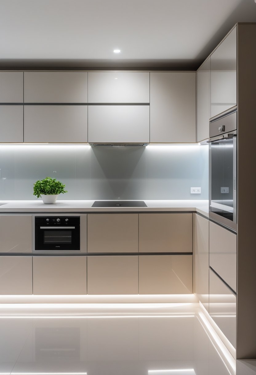 A bright and clean modular kitchen with soft-close drawers and doors, featuring sleek cabinets, a spacious countertop, and built-in appliances.