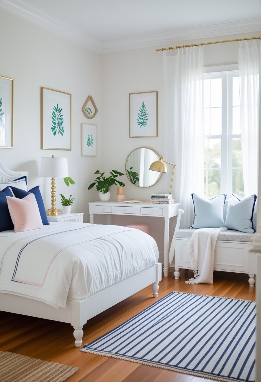 A tidy bedroom with a made bed, striped rug, desk with a lamp and plant, framed wall art, and a window seat with cushions.