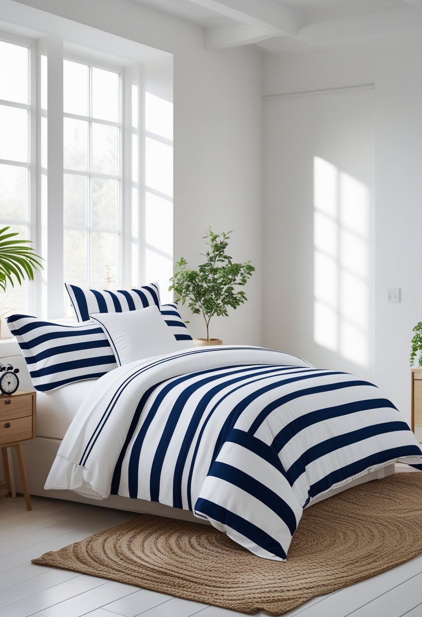 A neatly made bed with navy and white striped bedding in a bright bedroom with natural light and simple decor.