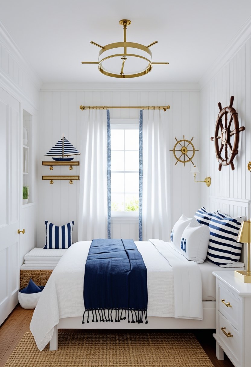 A well-lit bedroom with a neatly made bed, brass fixtures, nautical decor, and navy blue and white accents.