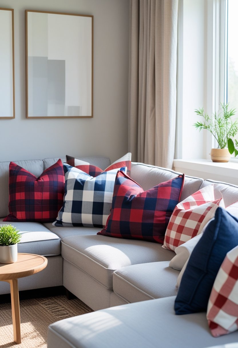 A living room sofa with bold plaid and striped throw pillows, a wooden coffee table, a small plant, and natural light coming through a window.