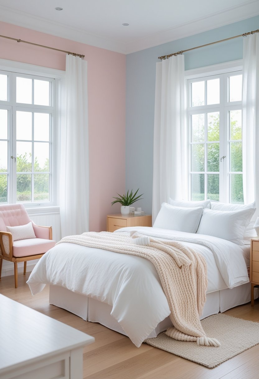 A bright bedroom with pastel pink and light blue walls, a white bed, wooden nightstand with a plant, and natural light coming through windows.