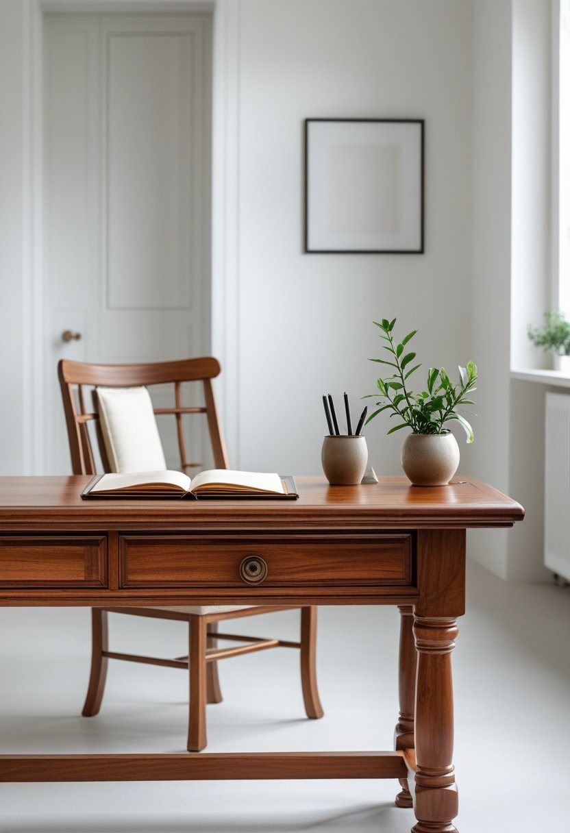 A traditional wooden desk in a tidy room with a notebook, pen holder, and small plant, illuminated by natural light from a nearby window.