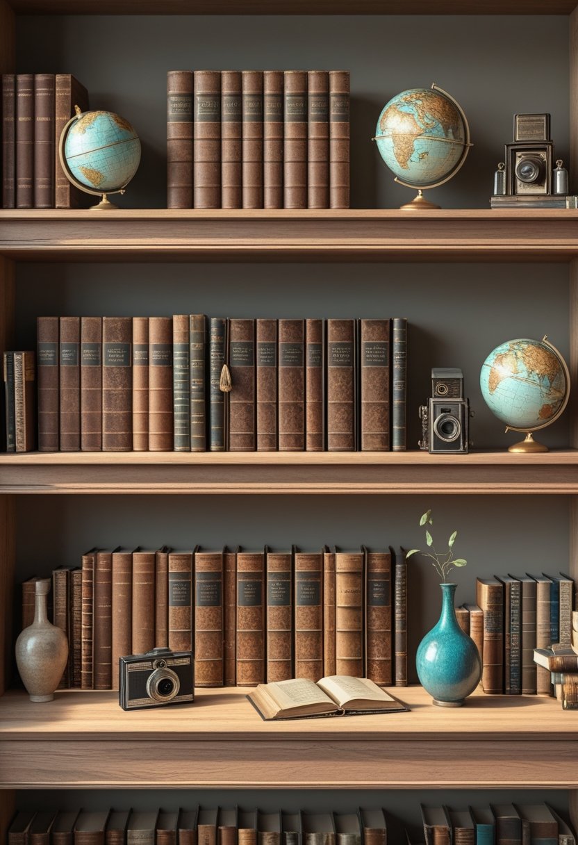 A bookshelf with classic books and vintage decorative items arranged neatly on wooden shelves.
