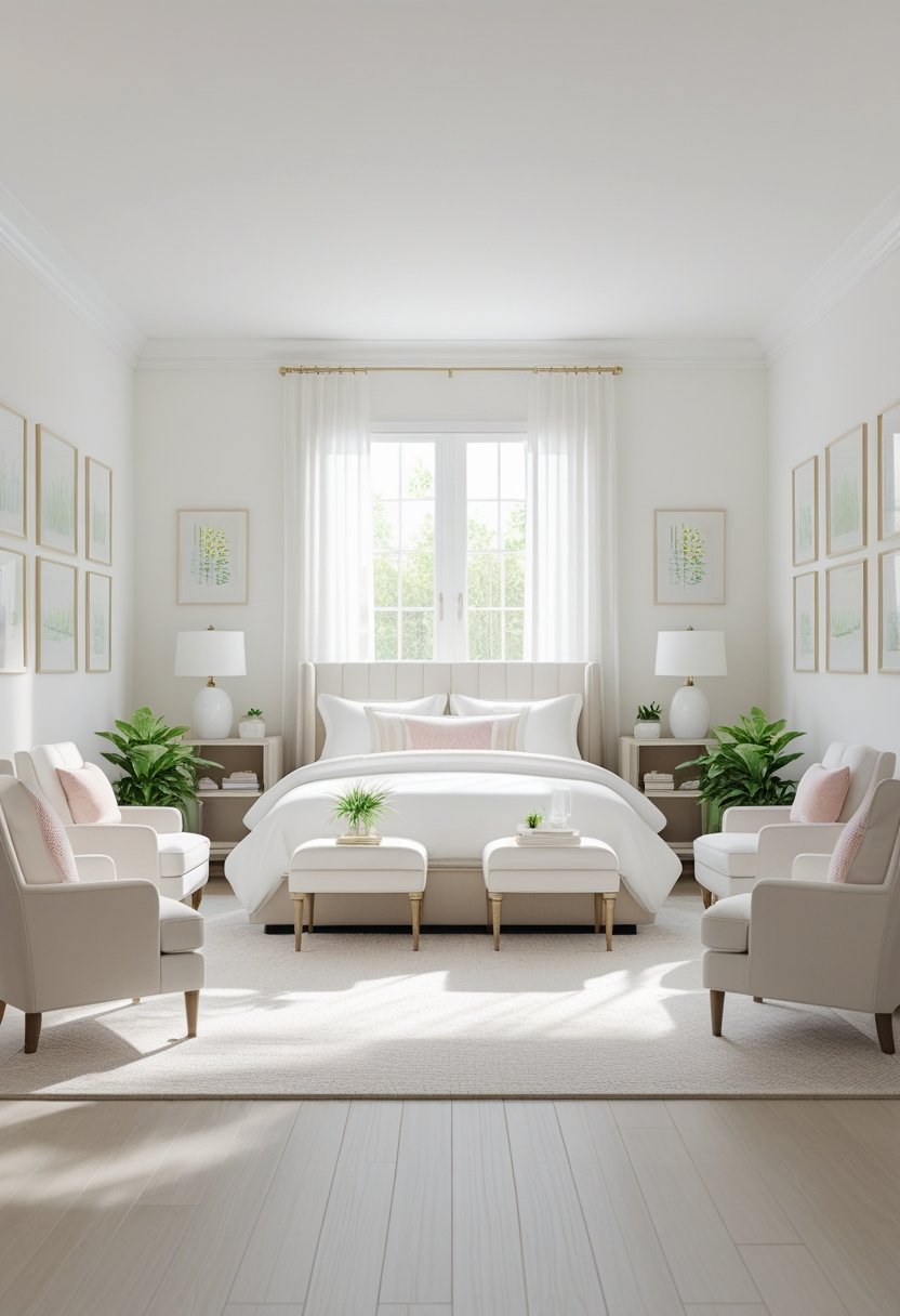A bright bedroom with a bed centered between two matching bedside tables and lamps, symmetrical armchairs with a coffee table, framed artwork on the walls, and natural light coming through a window.