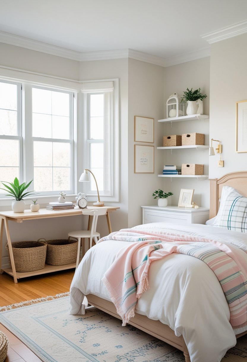 A bright and tidy bedroom with a made bed, striped and plaid pillows, a wooden desk with books and a plant, and natural light coming through a window.
