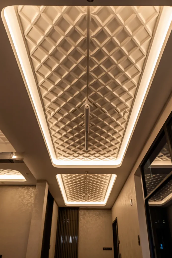 30 False Ceiling Ideas That Instantly Make Your Home Look More Luxurious 19 3D Geometric False Ceiling with Backlit Panels