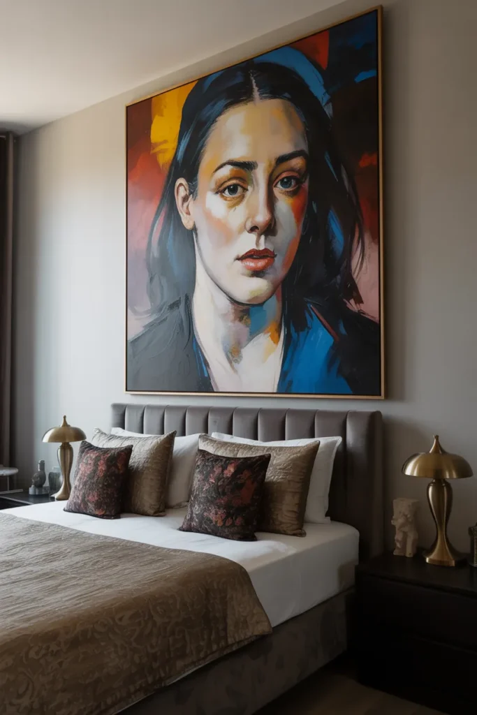 28 Maximalist Bedroom Decor Ideas That Mix Comfort, Color, and Chaos Beautifully 19 Accent with Oversized Art