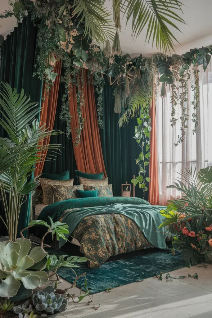 28 Maximalist Bedroom Decor Ideas That Mix Comfort, Color, and Chaos Beautifully 10 Add Greenery for Natural Drama